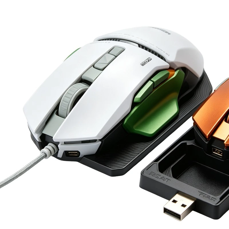 Modular gaming mouse set with white, green and orange-gold replaceable parts 1