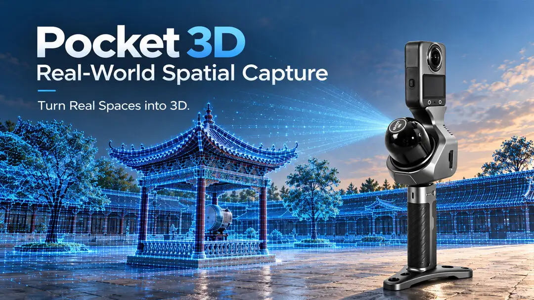 Scanner 3D portatile Pocket 3D e sistema di modellazione 3DGS con LiDAR e acquisizione di immagini panoramiche per la cattura di cortili reali e la creazione di scene 3D immersive. 1