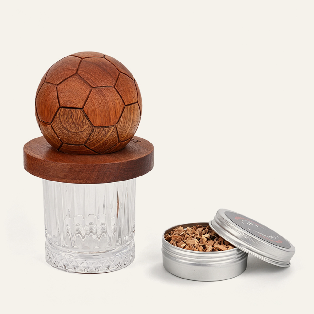 Kit ahumador de cócteles con forma de balón de fútbol de madera maciza de sapeli de primera calidad con logotipo láser personalizado para bar de whisky | Proveedor mayorista de fábrica 1