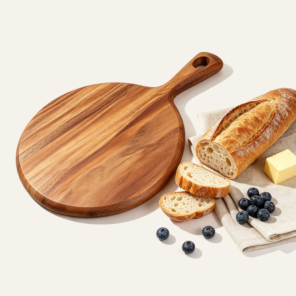 Tabla de cortar redonda de madera maciza con mango, venta al por mayor, para cocina 3