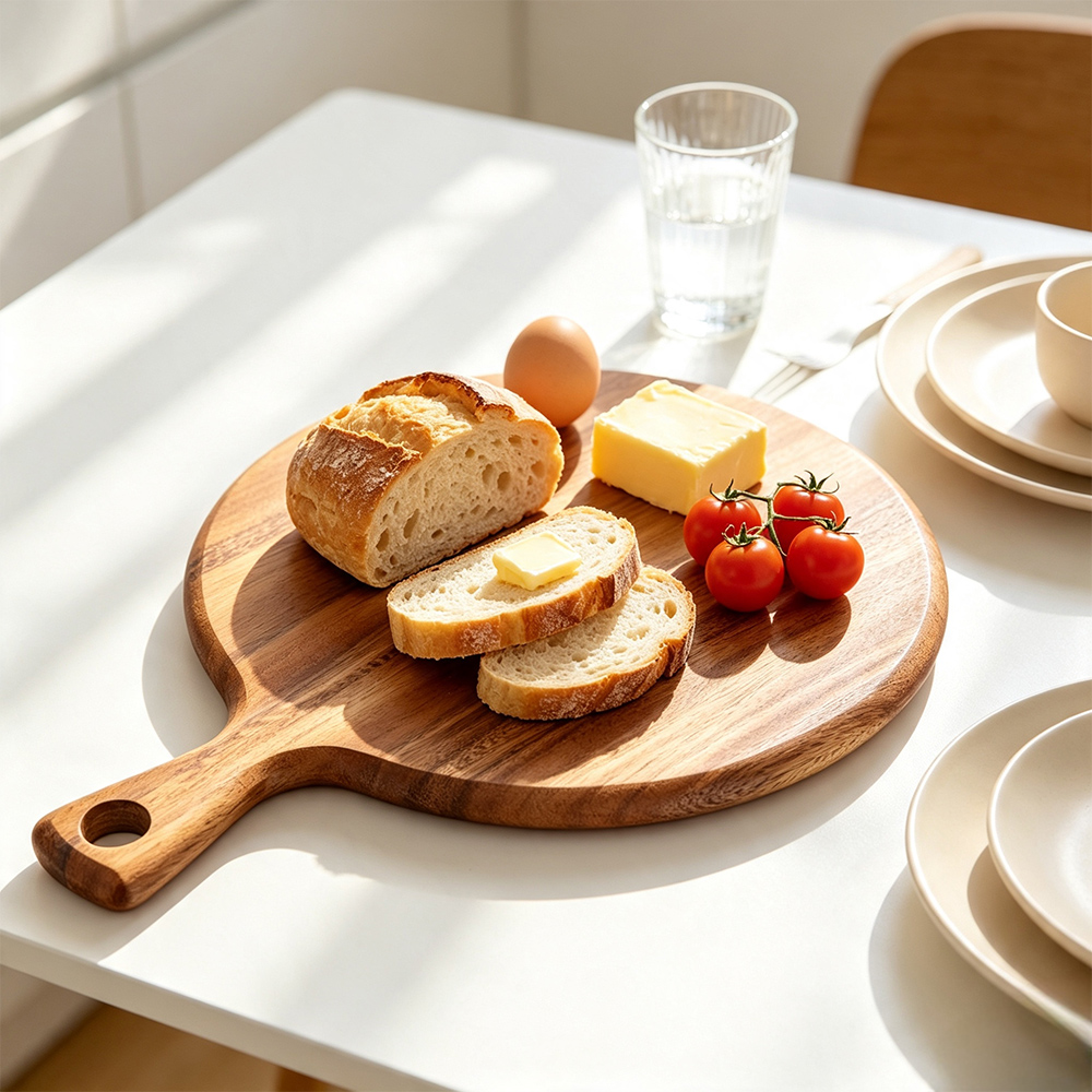 Tabla de cortar redonda de madera maciza con mango, venta al por mayor, para cocina 5