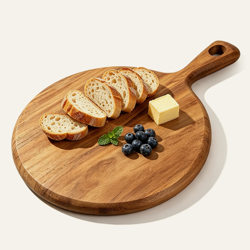 Tabla de cortar redonda de madera maciza con mango, venta al por mayor, para cocina 4