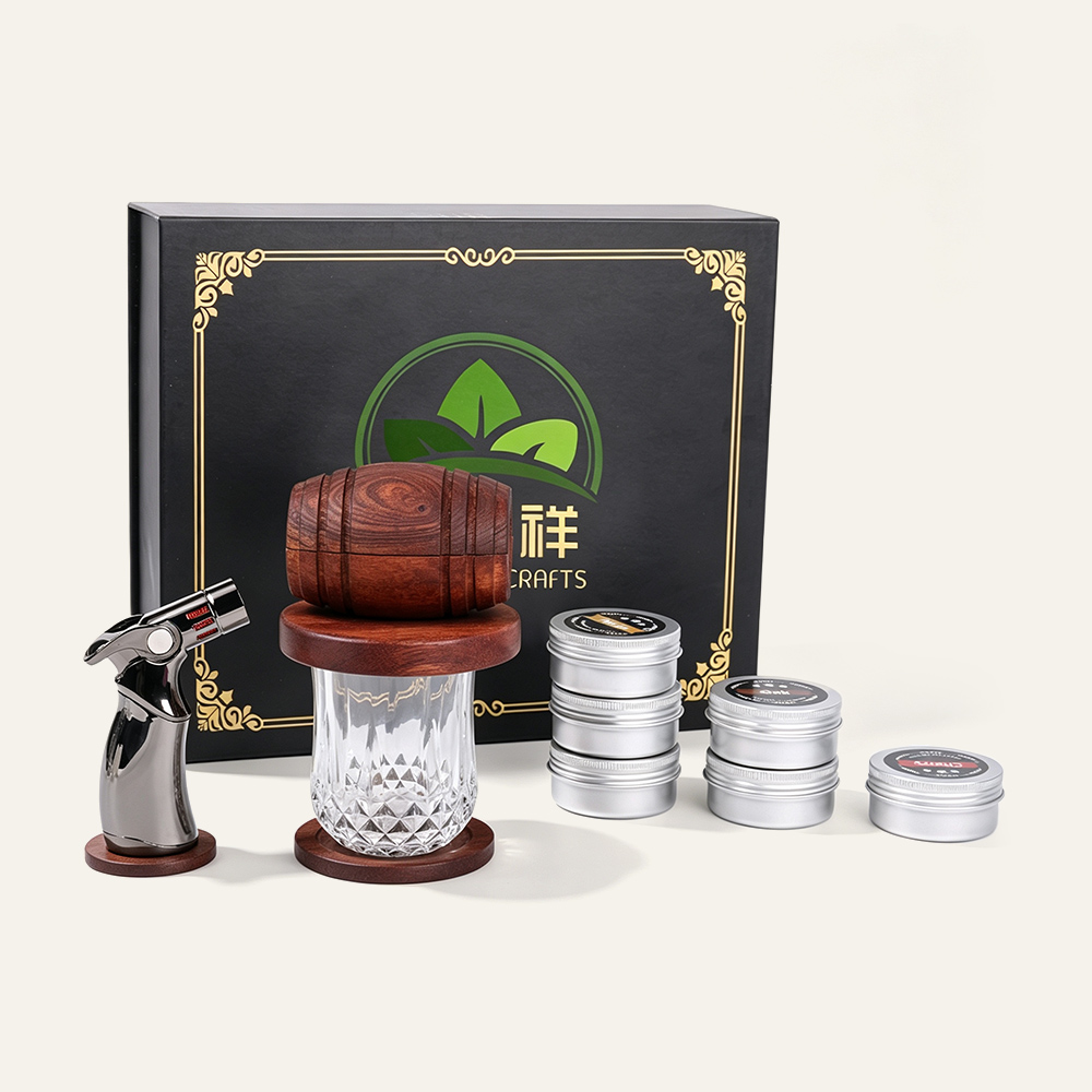 Cocktail-Räucherset aus Sapele-Holz in Fassform, Whisky-Räucherset im Vintage-Fass-Design, komplettes Barzubehör, individuelle Gravur, hochwertige Geschenkverpackung für Bars und den Großhandel 1