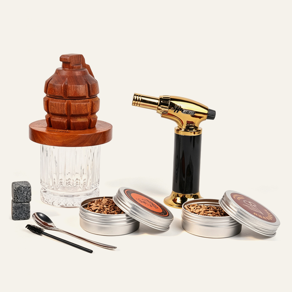 Granatenförmiges Cocktail-Räuchergefäß-Geschenkset aus Sapele-Holz 4