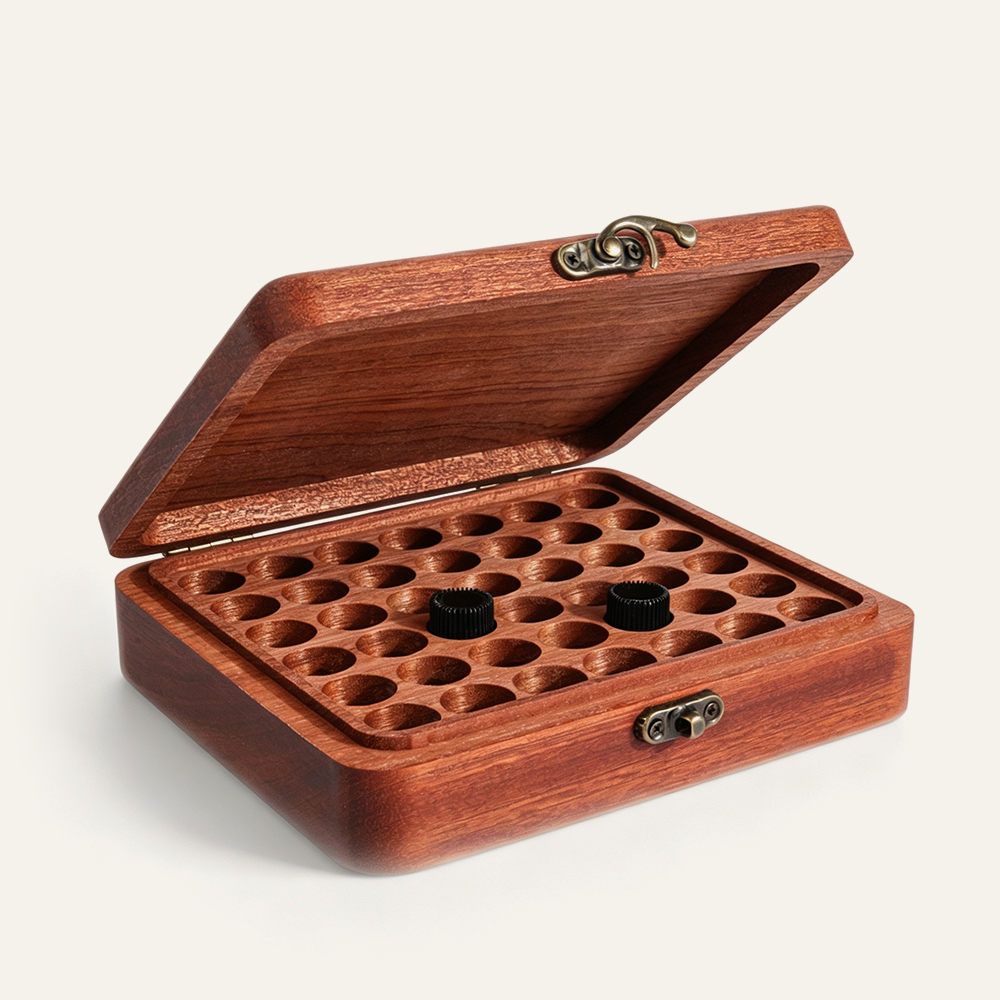 Caja de almacenamiento de aceites esenciales de madera de sapeli con 42 ranuras, organizador de botellas de aceites esenciales, proveedor mayorista de fábrica, personalizado. 2