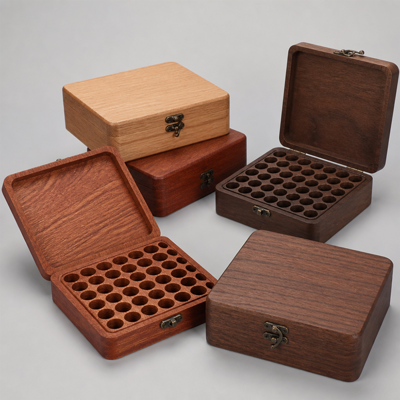 Caja de almacenamiento de aceites esenciales de madera de sapeli con 42 ranuras, organizador de botellas de aceites esenciales, proveedor mayorista de fábrica, personalizado. 4