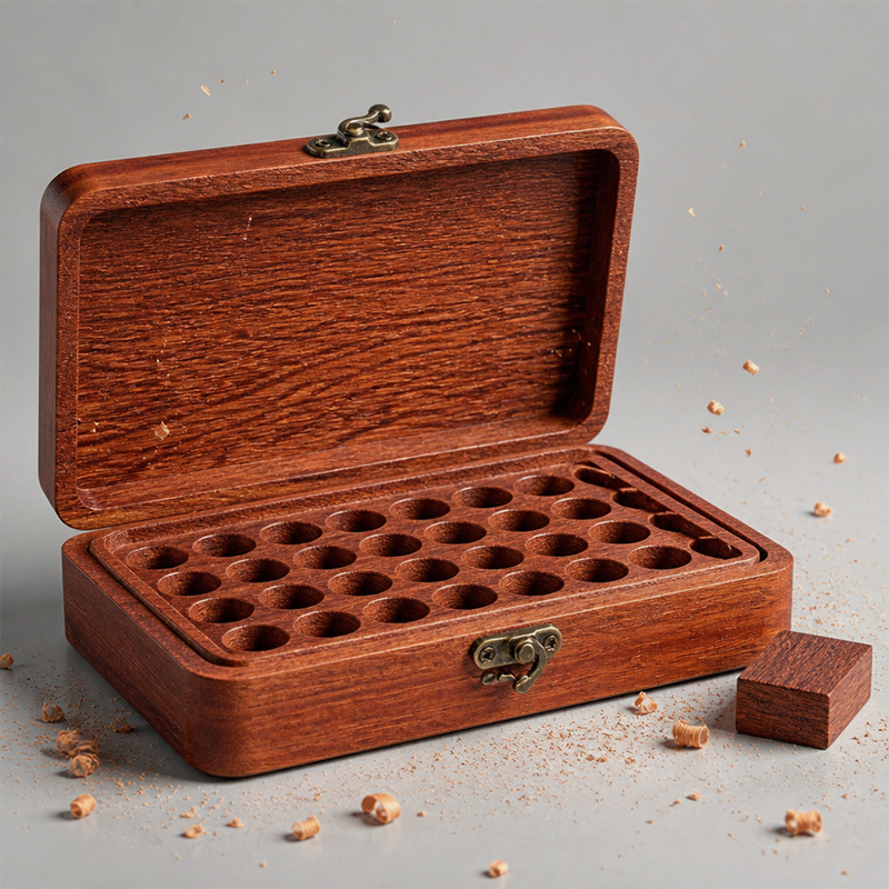 Caja de almacenamiento de aceites esenciales de madera de sapeli con 42 ranuras, organizador de botellas de aceites esenciales, proveedor mayorista de fábrica, personalizado. 5
