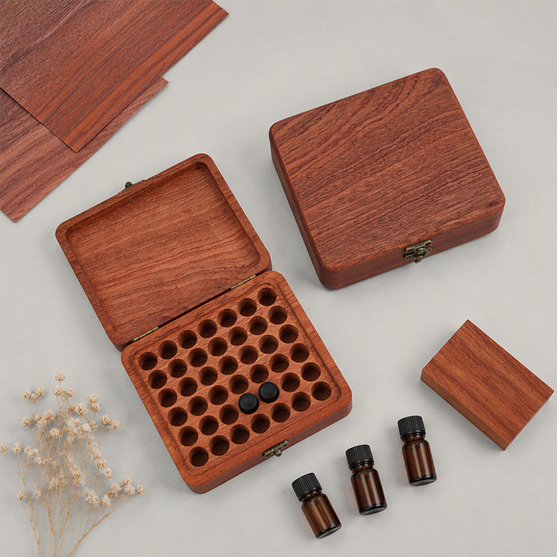 Caja de almacenamiento de aceites esenciales de madera de sapeli con 42 ranuras, organizador de botellas de aceites esenciales, proveedor mayorista de fábrica, personalizado. 1