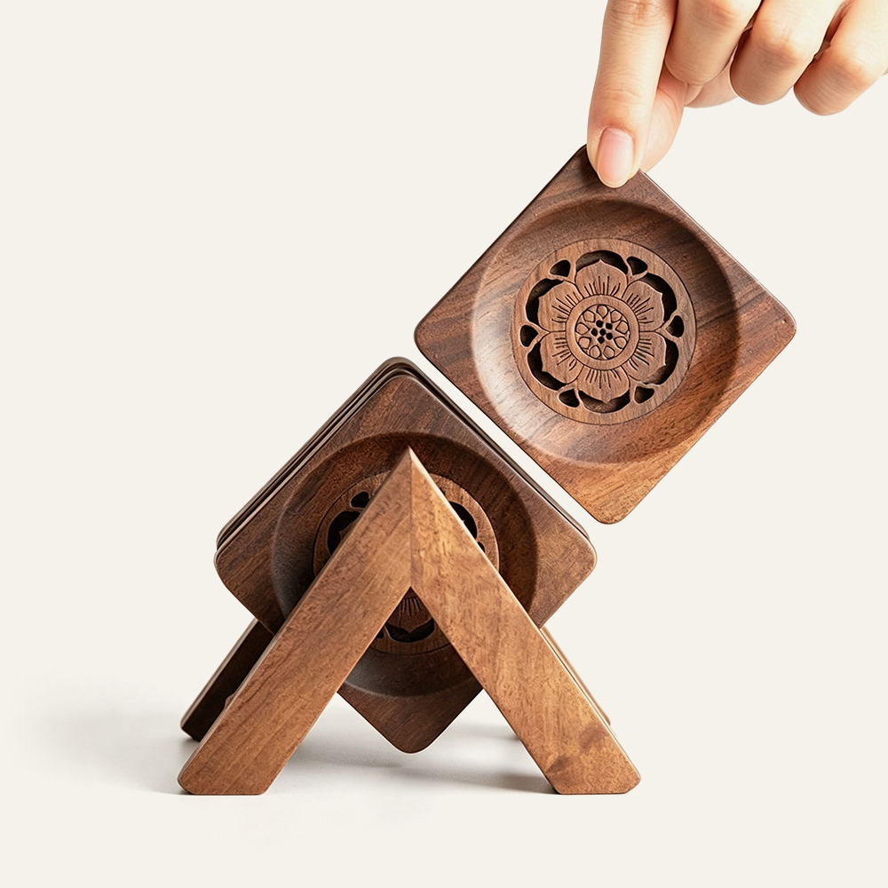 Juego de posavasos de madera de nogal, estilo vintage, grabados. Fabricante mayorista. 1
