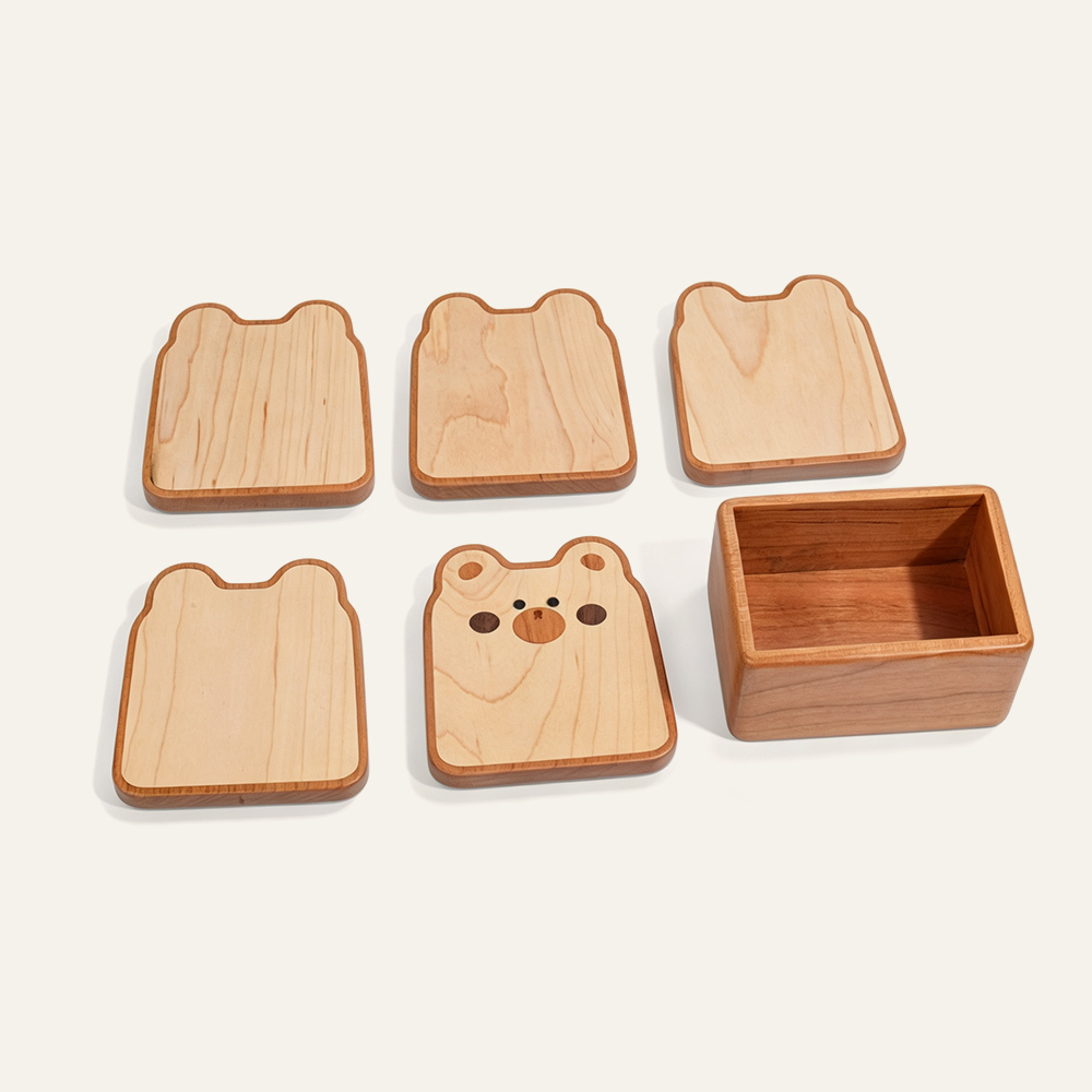 Untersetzer-Set aus Holz, niedliches Bärengesicht, Becheruntersetzer mit Halter für Tisch, Großhandelshersteller 2