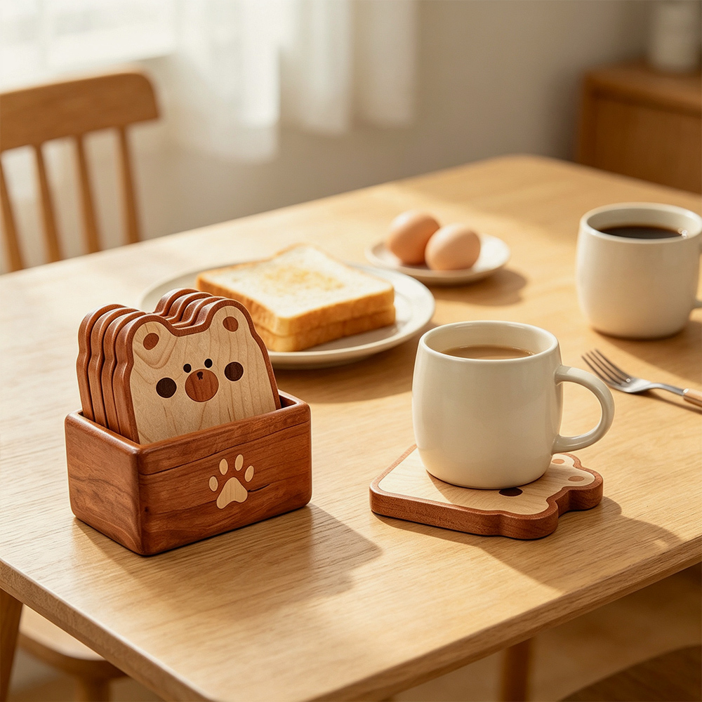 Untersetzer-Set aus Holz, niedliches Bärengesicht, Becheruntersetzer mit Halter für Tisch, Großhandelshersteller 4