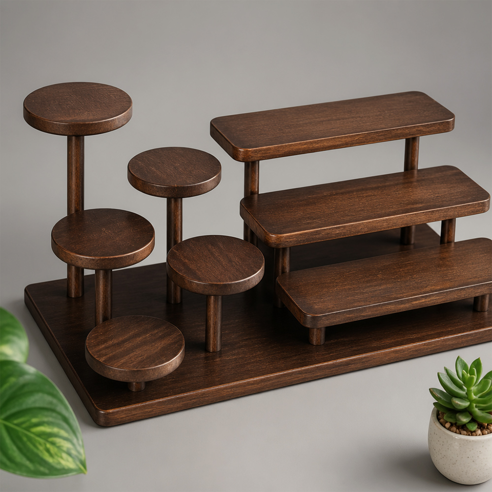 Soporte de exhibición de madera de varios niveles para plantas, acabado en tinte de haya, estante de mesa, proveedor mayorista de fábrica. 3