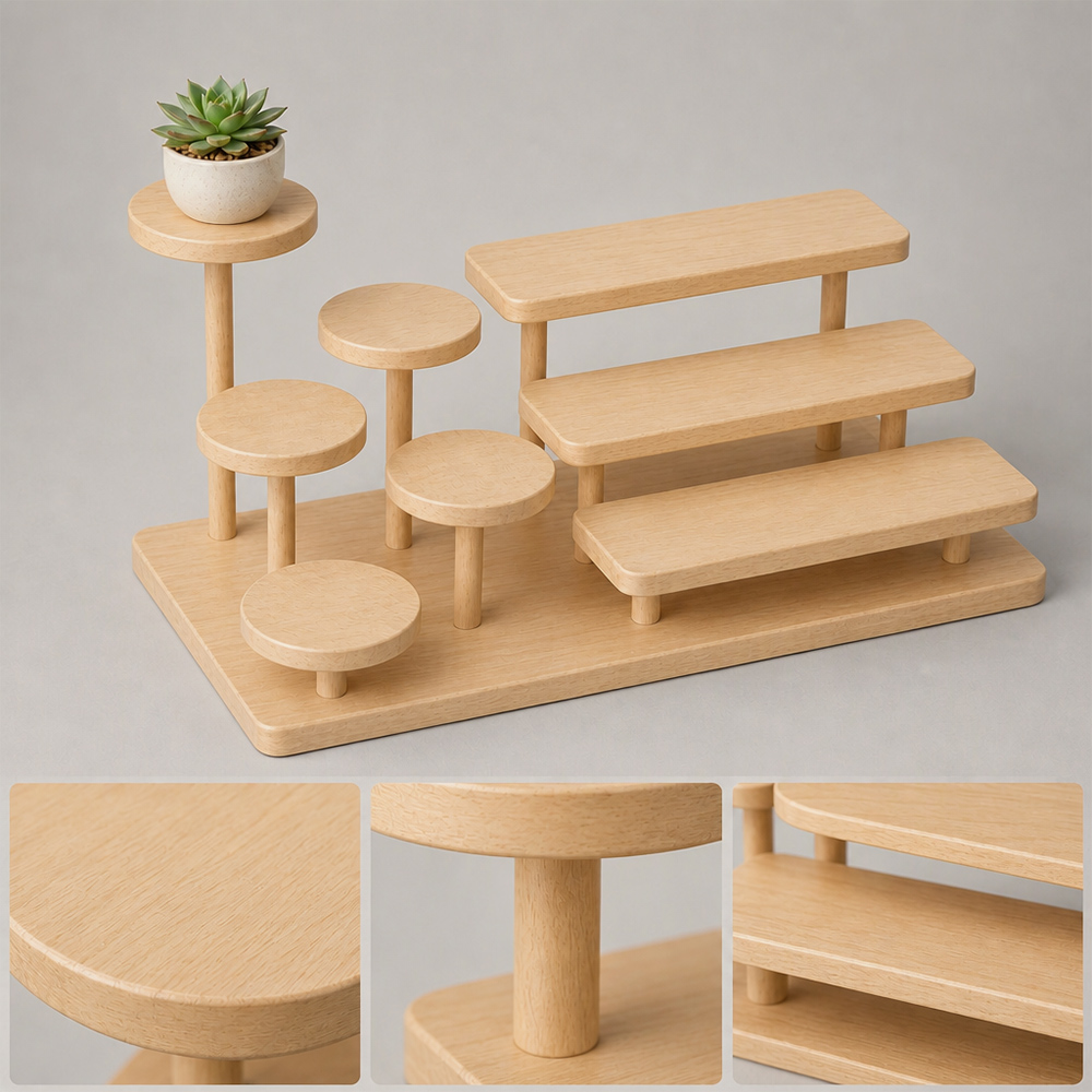 Soporte de exhibición de madera de varios niveles para plantas, acabado en tinte de haya, estante de mesa, proveedor mayorista de fábrica. 4