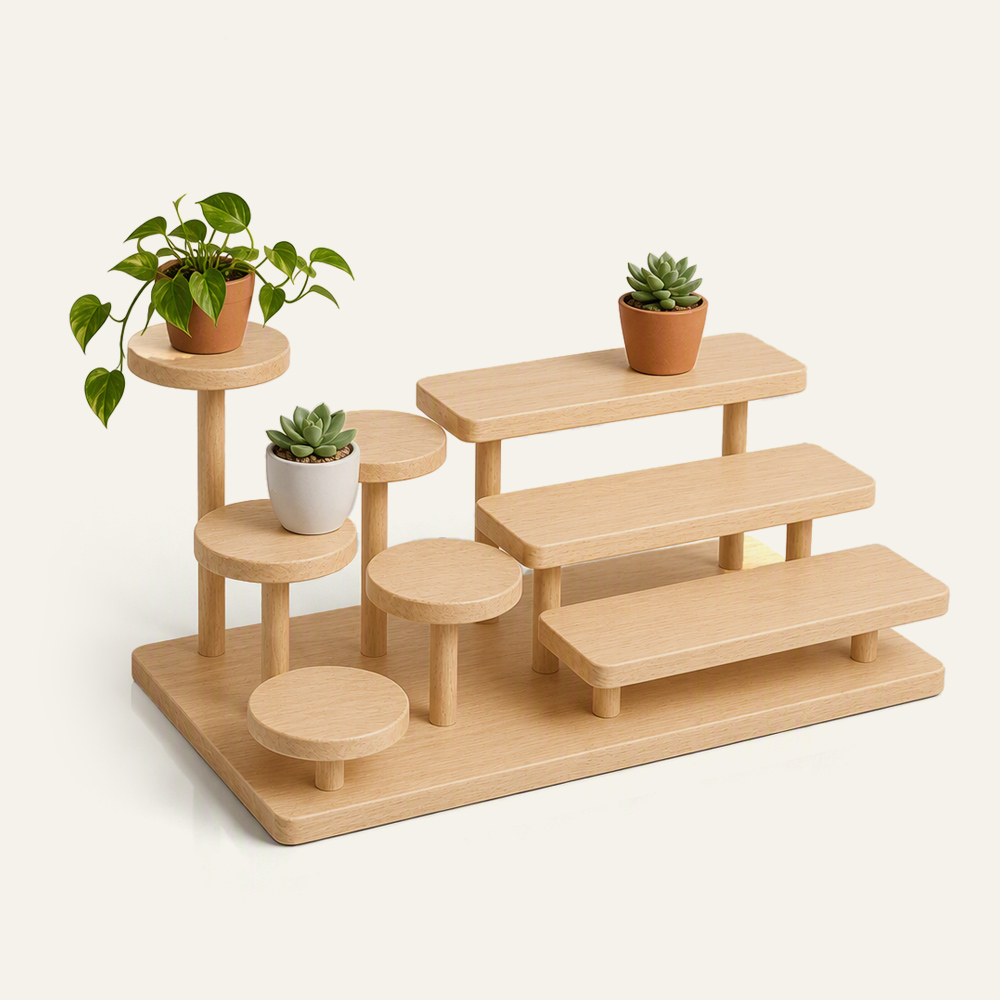 Soporte de exhibición de madera de varios niveles para plantas, acabado en tinte de haya, estante de mesa, proveedor mayorista de fábrica. 1