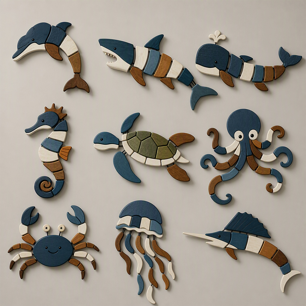 Decoración de pared de madera con animales marinos, madera de caucho, arte de pared con criaturas marinas, decoración de pared para el hogar, proveedor mayorista de fábrica. 5