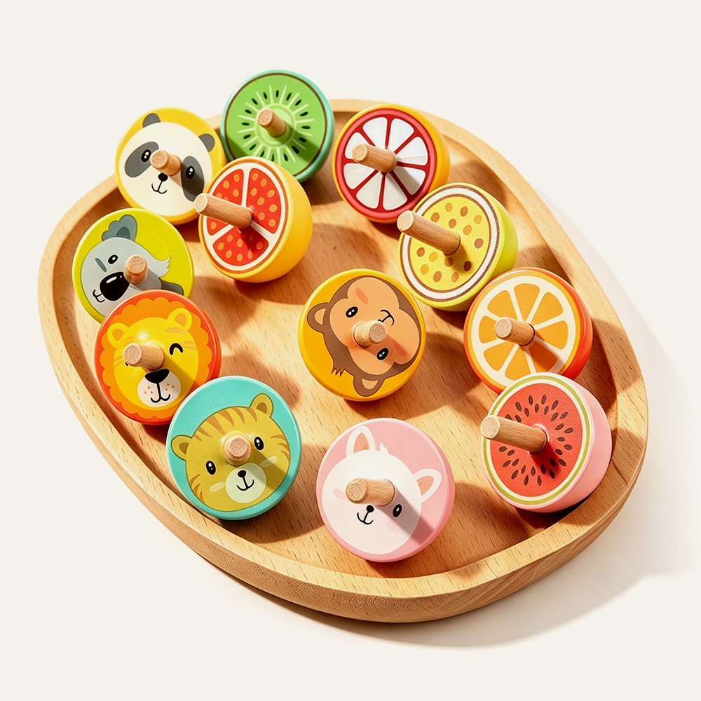 Toupie en bois à motifs d'animaux et de fruits, jouet à faire tourner à la main pour enfants de 36 mois et plus. Commandes en gros et service de marque privée disponibles.