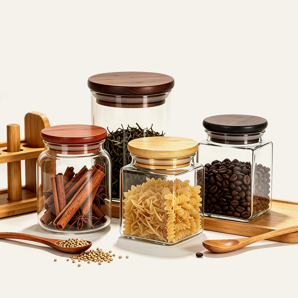 Barattolo per alimenti con coperchio in legno e coperchio in bambù, contenitore per alimenti da cucina, vendita all'ingrosso. 1