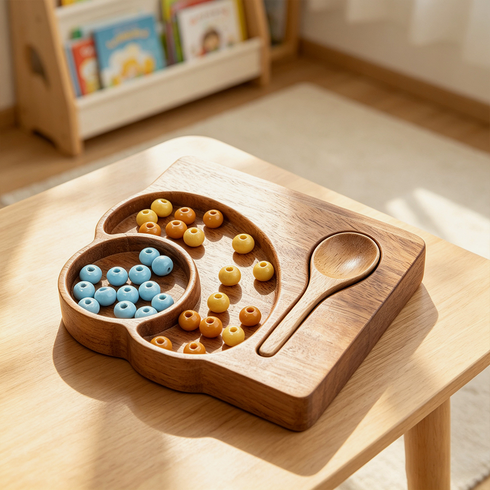 Bandeja de madera Montessori premium para clasificar cuentas, juego para aprender a desarrollar la motricidad fina en niños pequeños, fábrica mayorista de juguetes educativos de madera con marca propia personalizada. 5