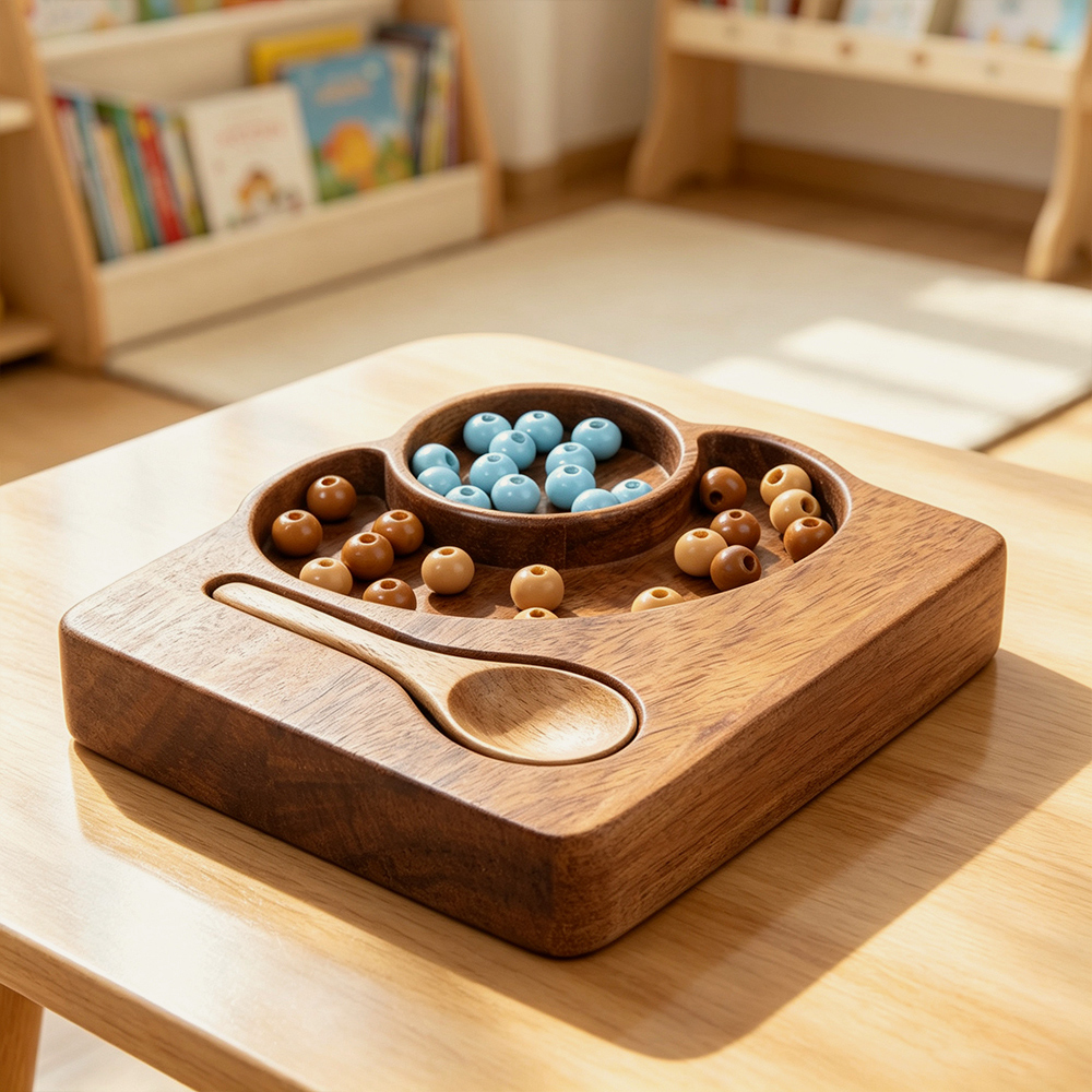 Bandeja de madera Montessori premium para clasificar cuentas, juego para aprender a desarrollar la motricidad fina en niños pequeños, fábrica mayorista de juguetes educativos de madera con marca propia personalizada. 4