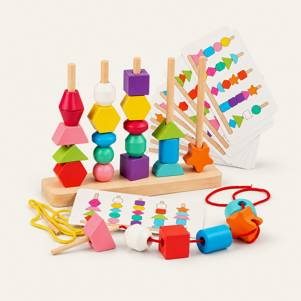 Juego de apilamiento de cuentas geométricas de madera Montessori para niños, juego de enhebrado y secuenciación de motricidad fina, juguete educativo para emparejar colores y formas, proveedor mayorista. 1