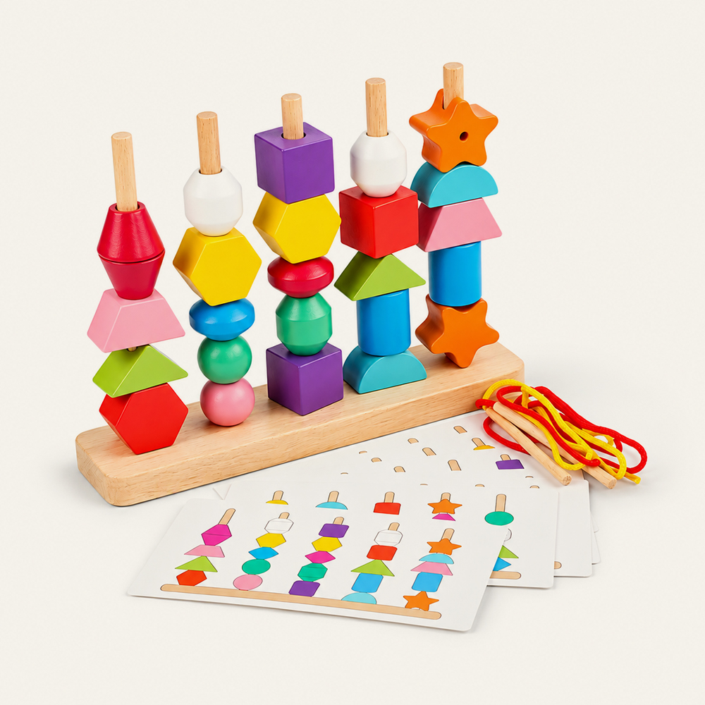 Juego de apilamiento de cuentas geométricas de madera Montessori para niños, juego de enhebrado y secuenciación de motricidad fina, juguete educativo para emparejar colores y formas, proveedor mayorista. 3