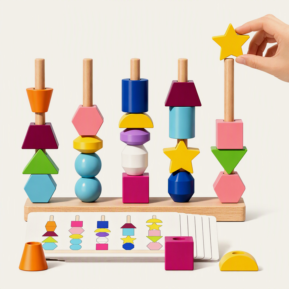 Juego de apilamiento de cuentas geométricas de madera Montessori para niños, juego de enhebrado y secuenciación de motricidad fina, juguete educativo para emparejar colores y formas, proveedor mayorista. 4