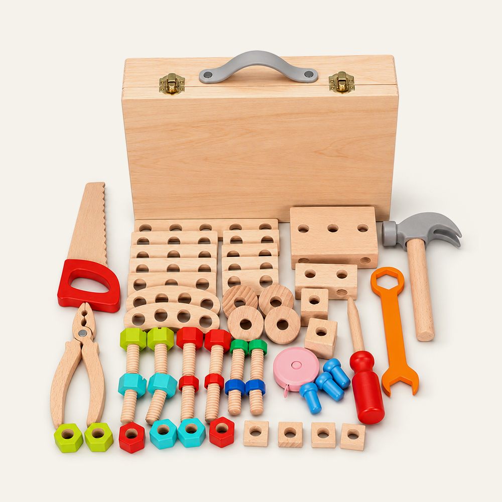 Juego de caja de herramientas de madera Montessori para niños, kit de construcción para juegos de simulación, juguete educativo de montaje DIY, proveedor mayorista. 1