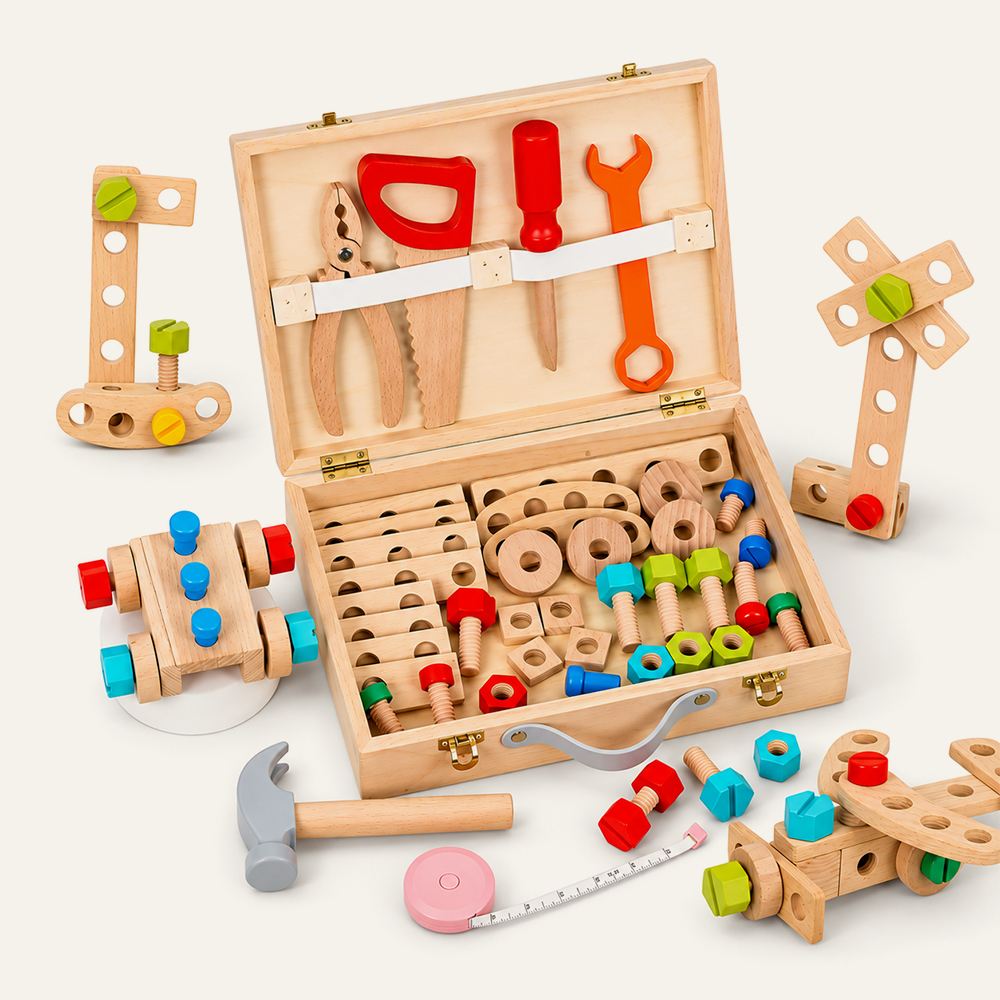 Juego de caja de herramientas de madera Montessori para niños, kit de construcción para juegos de simulación, juguete educativo de montaje DIY, proveedor mayorista. 4