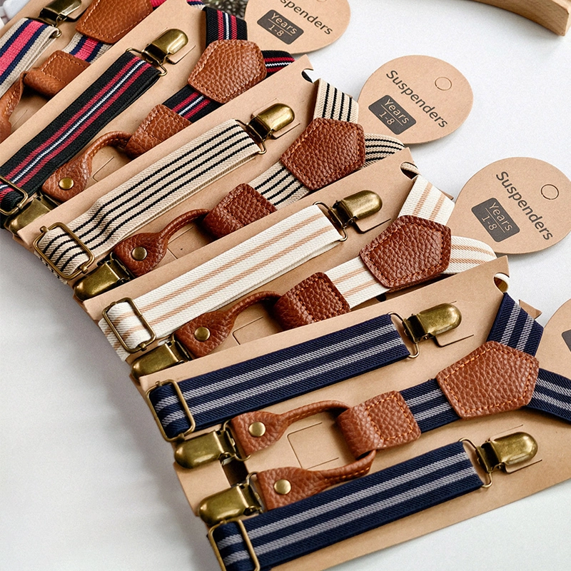 Kids X Back Suspenders Striped Elastic Braces with Microfiber Leather Patch and Antique Metal Clips for 1-8 Years Old 1