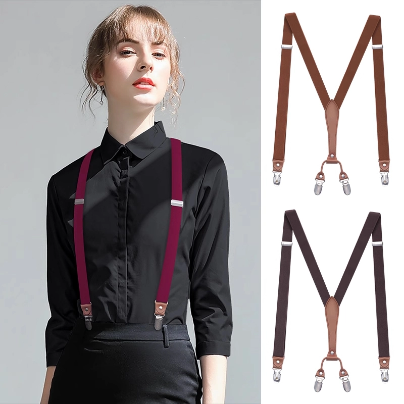 Womens Y Back Suspenders Solid Color Elastic Braces with Microfiber Leather Patch and Metal Clips for Shirt Suit Outfits 1