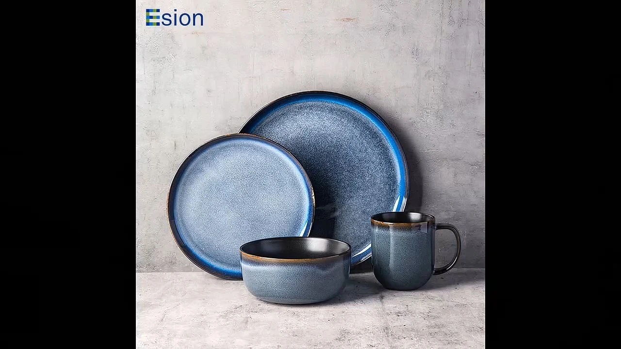 Rustic Reactive Glaze Stoneware Dinnerware Set, Handmade Embossed Ceramic Plates Bowls Mugs, Microwave & Dishwasher Safe Farmhouse Tableware for Home 1