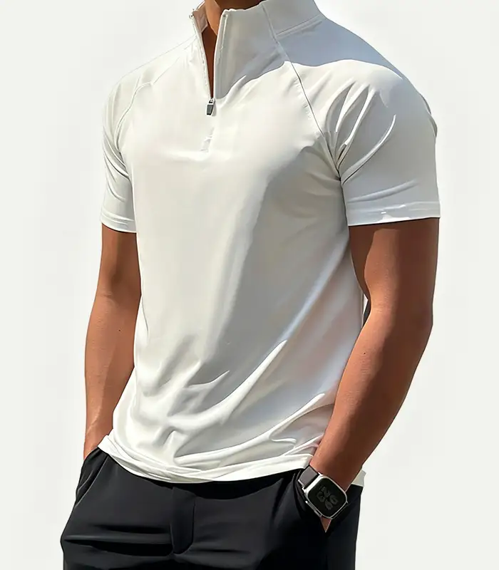 Camisas personalizadas de manga corta de nailon y elastano con cremallera de un cuarto, corte ajustado, cuello alto, estampado de punto, estilo Kangnai. 1