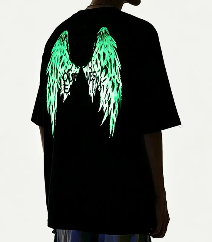Camiseta de punto teñida en prenda con estampado Night Glow personalizado, corte regular, que brilla en la oscuridad, estilo streetwear moderno, camiseta luminosa, fábrica profesional Kangnai 1
