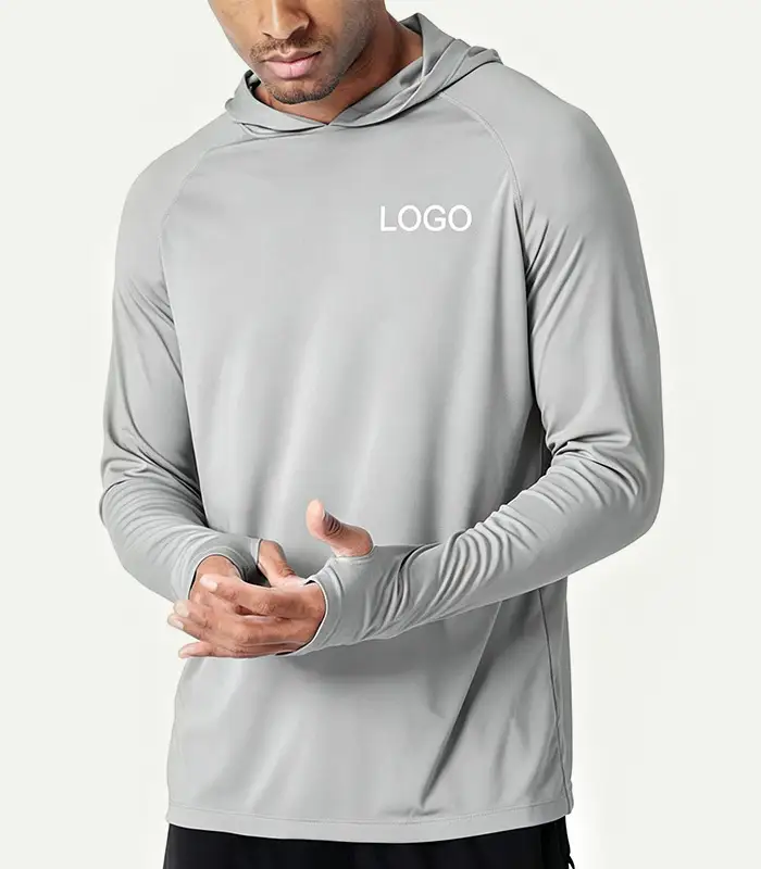 Sudadera con capucha ligera de manga larga para hombre con protección solar UPF 50+, ideal para pesca y actividades al aire libre, fabricada por Kangnai Factory. 1