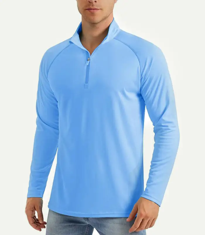 Camisetas de manga larga para hombre con protección solar UPF 50+, tallas estadounidenses, con cremallera de 1/4, ideales para pesca, correr y actividades al aire libre. Proveedor mayorista de Kangnai Factory. 1