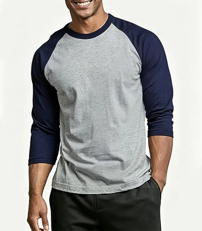 Camiseta de béisbol informal de manga 3/4 con cuello redondo y forro de jersey raglán para hombre, talla estadounidense personalizada. Ajuste regular. Fabricante de ropa Kangnai. 1