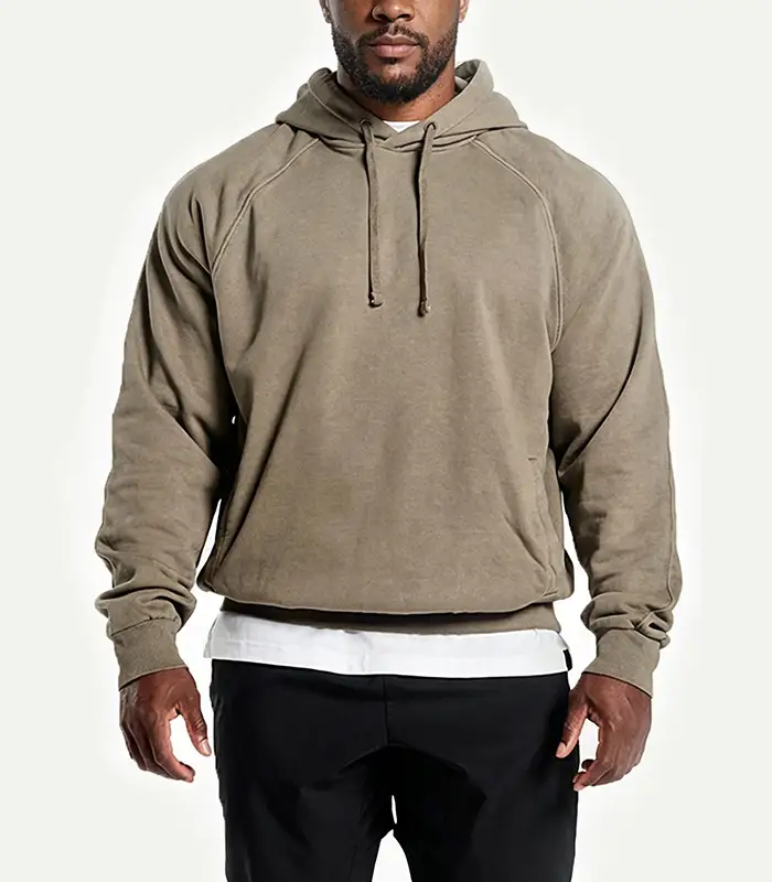 Sudadera con capucha de felpa francesa premium para hombre, talla estadounidense personalizada, algodón grueso, mangas raglán, cuello con capucha, ideal para otoño e invierno. Proveedor de fábrica Kangnai. 1