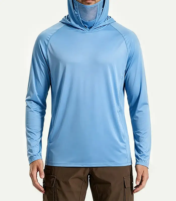 Camiseta de manga larga para hombre con protección solar UPF 50+ personalizable, color liso, ligera, con capucha y máscara, ideal para pesca, verano y actividades al aire libre. Fabricante de ropa UV: Kangnai. 1