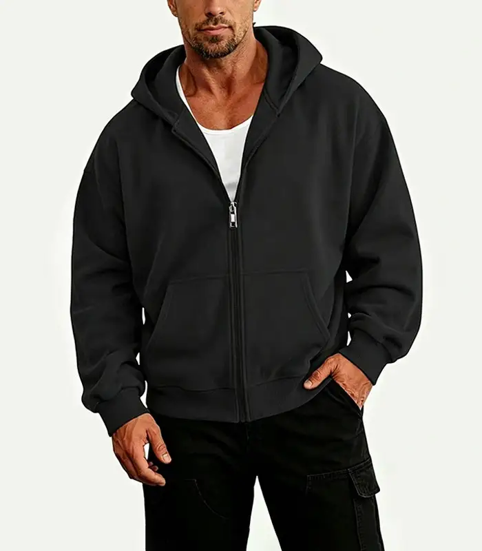Sudadera con capucha y cremallera para hombre, personalizada, de felpa francesa o polar. Talla estadounidense real. Mezcla de algodón y poliéster. Logotipo bordado con serigrafía. Fabricante: Kangnai. 1