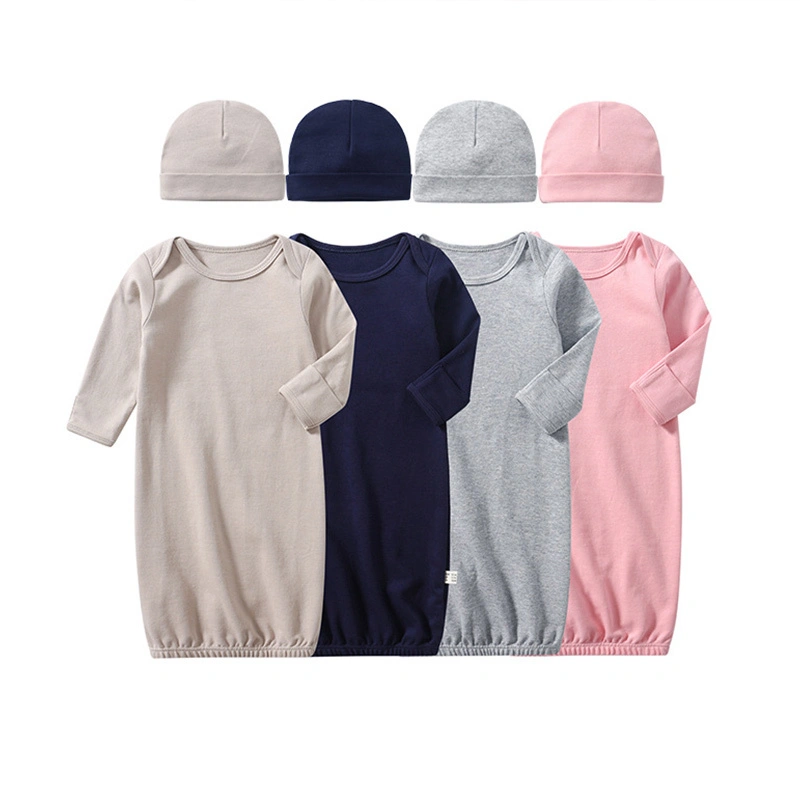 Baby Gown Set 100 Cotton 2 Piece Long Sleeve with Elastic Bottom and Hat 1