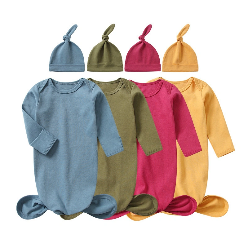100% Cotton Baby Gown Set Long Sleeve with Knotted Hat 1