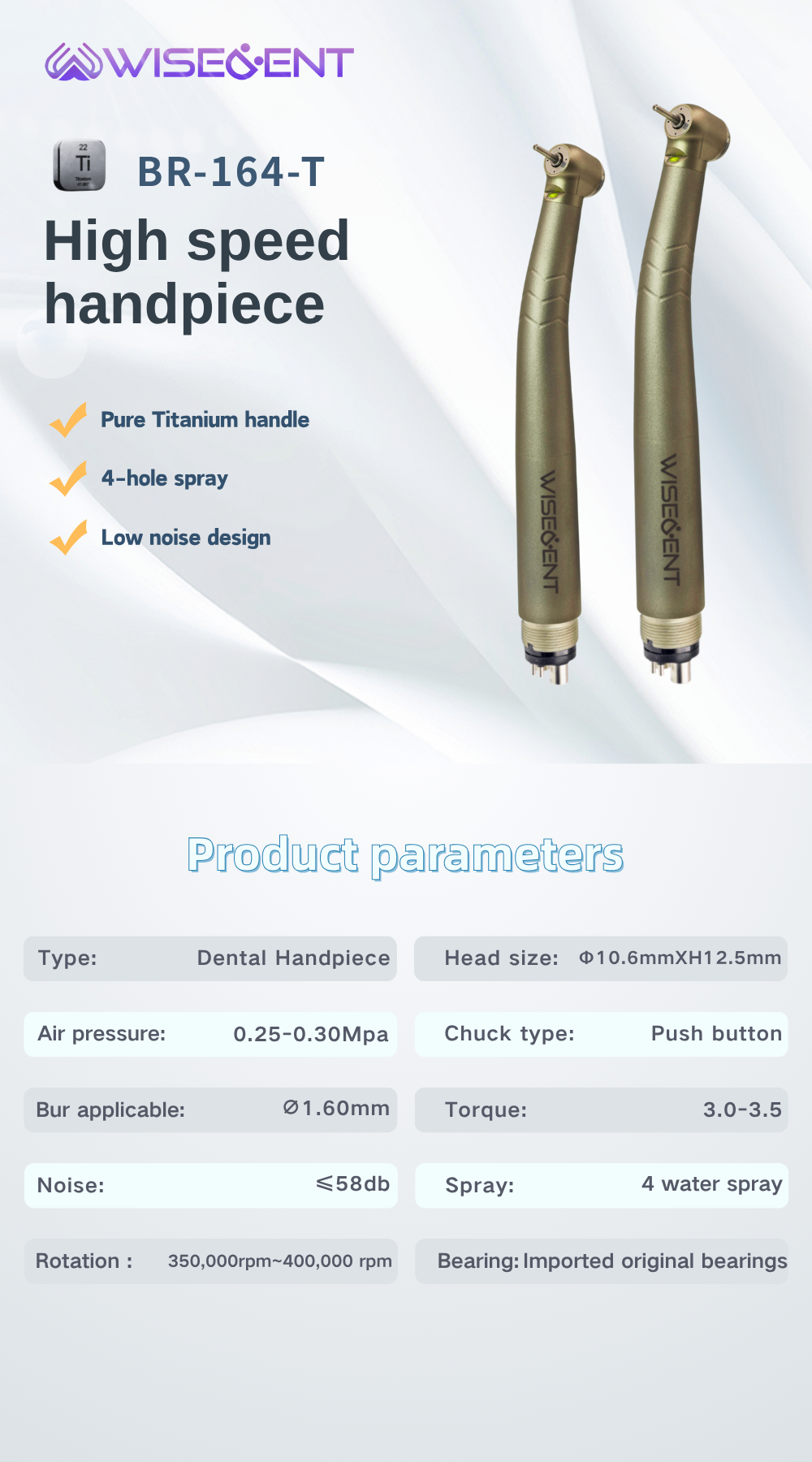 WISEDENT - China Best Quality Handpiece Indestructible E-generator LED High Speed Titanium Handpiece 2/4 holes BR-164T 6