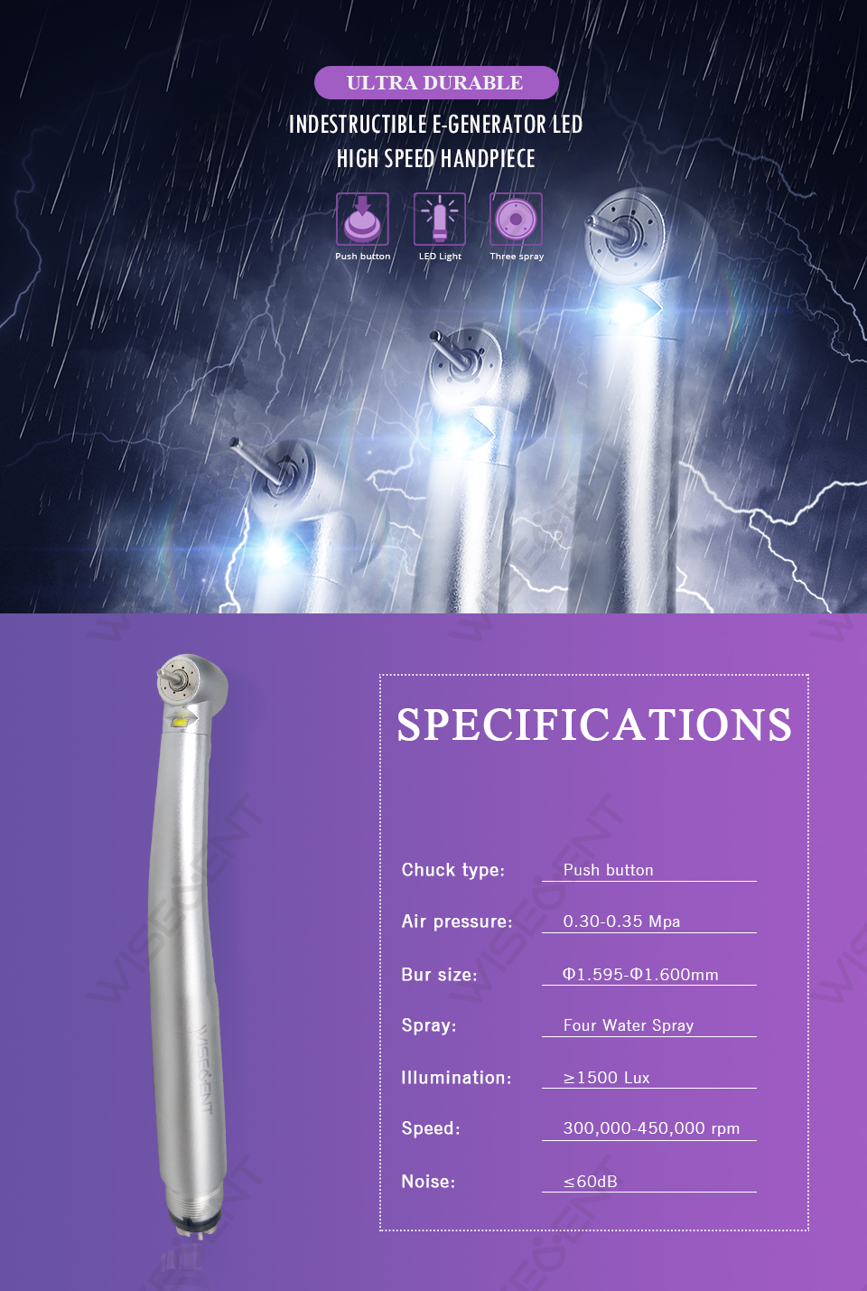 WISEDENT - High Quality Indestructible LED High Speed Air Turbine 4 water Spray High Speed Handpiece BR-164K 7