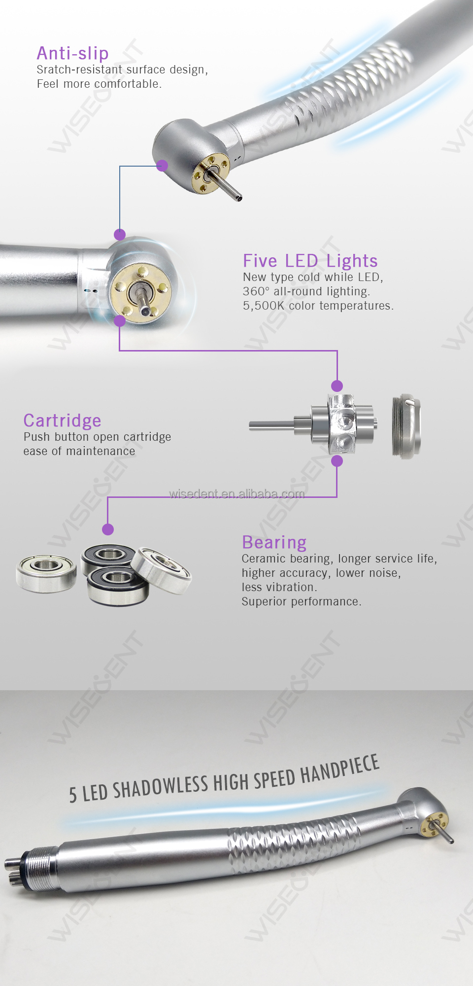 WISEDENT - Promotion Price Five Water Spray 5-LED Shadowless LED Best Dental Handpiece High speed handpiece BR-164AS-5 11