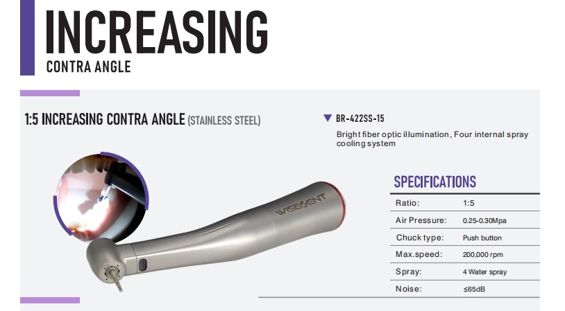 WISEDENT - 1 5 Increase Speed Handpiece Push Bottom Contra Angle BR-422SS-15 with Stainless Steel material 8