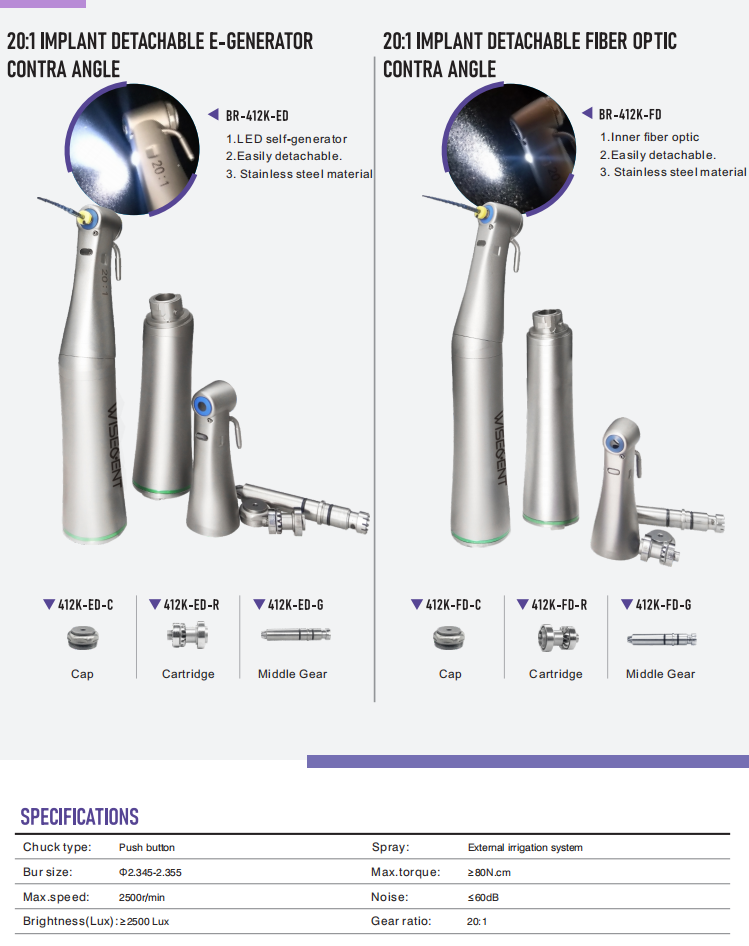 WISEDENT - E- Generator 20: 1 Dental Implant Handpiece/LED Contra Angle Implant handpiece BR-412K-ED 6