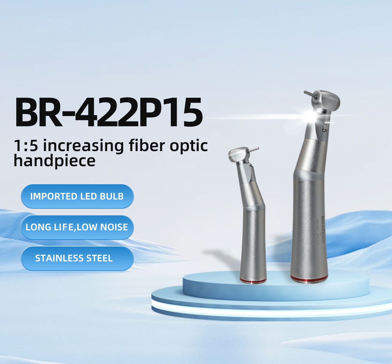 Wisedent 1:5 Increasing Single Water Spray Fiber Optic Push Button Contra Angle Dental Handpiece BR-422P-15 6