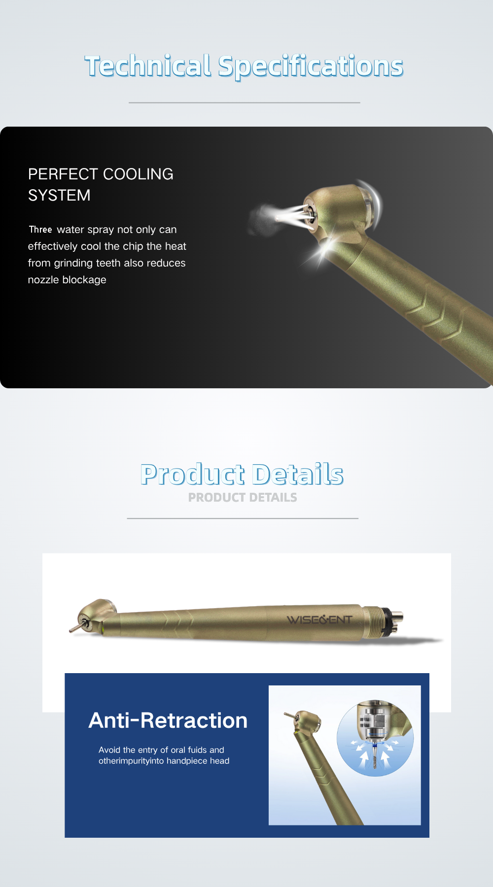 WISEDENT - Dental Equipment Dental High Speed Indestructible E-generator Handpiece 45 Degree Turbine Handpiece BR-164CT 11