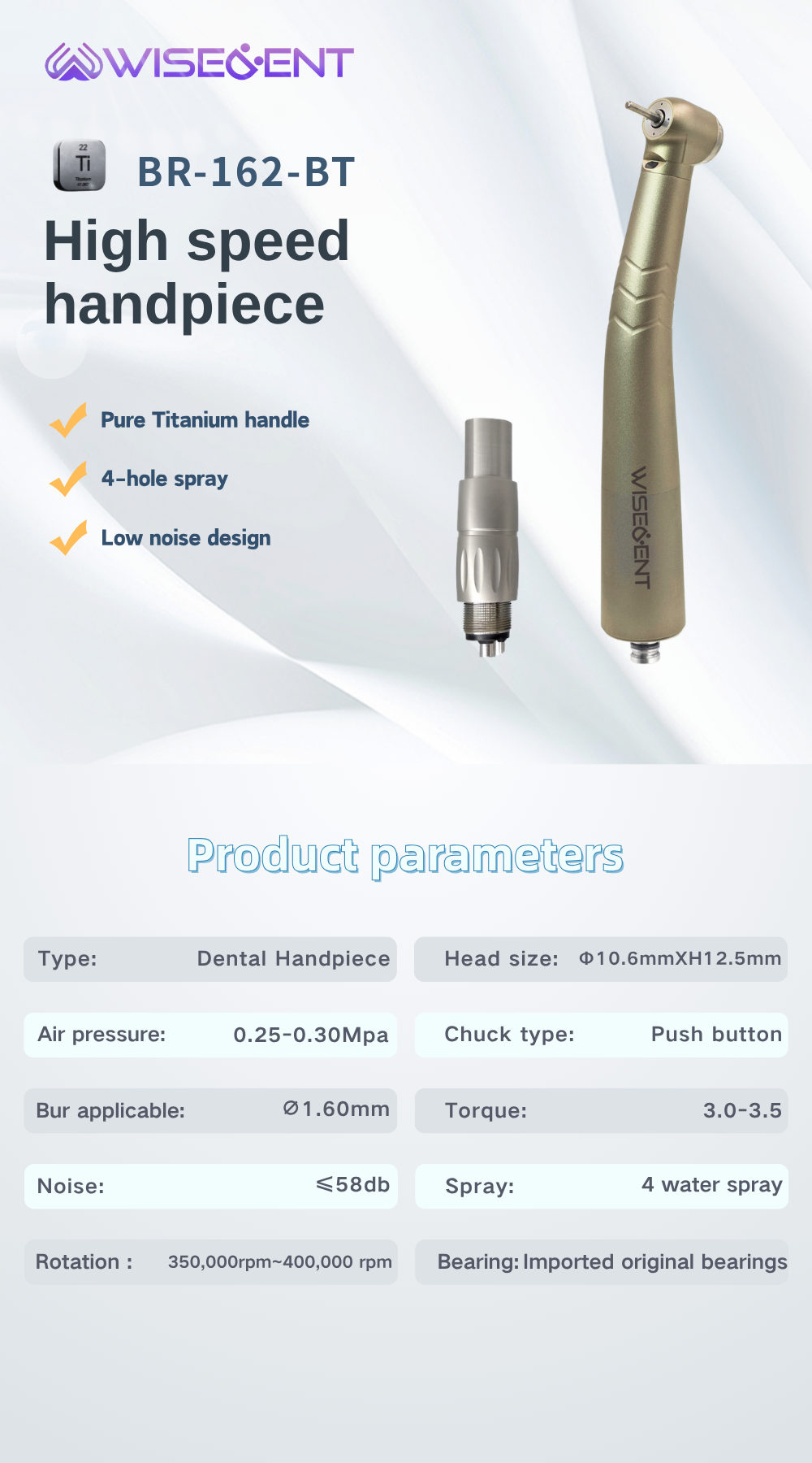 WISEDENT - China Best Quality Titanium Handpiece Fiber Optic High Speed Handpiece with Quick Coupling BR-162BT 9