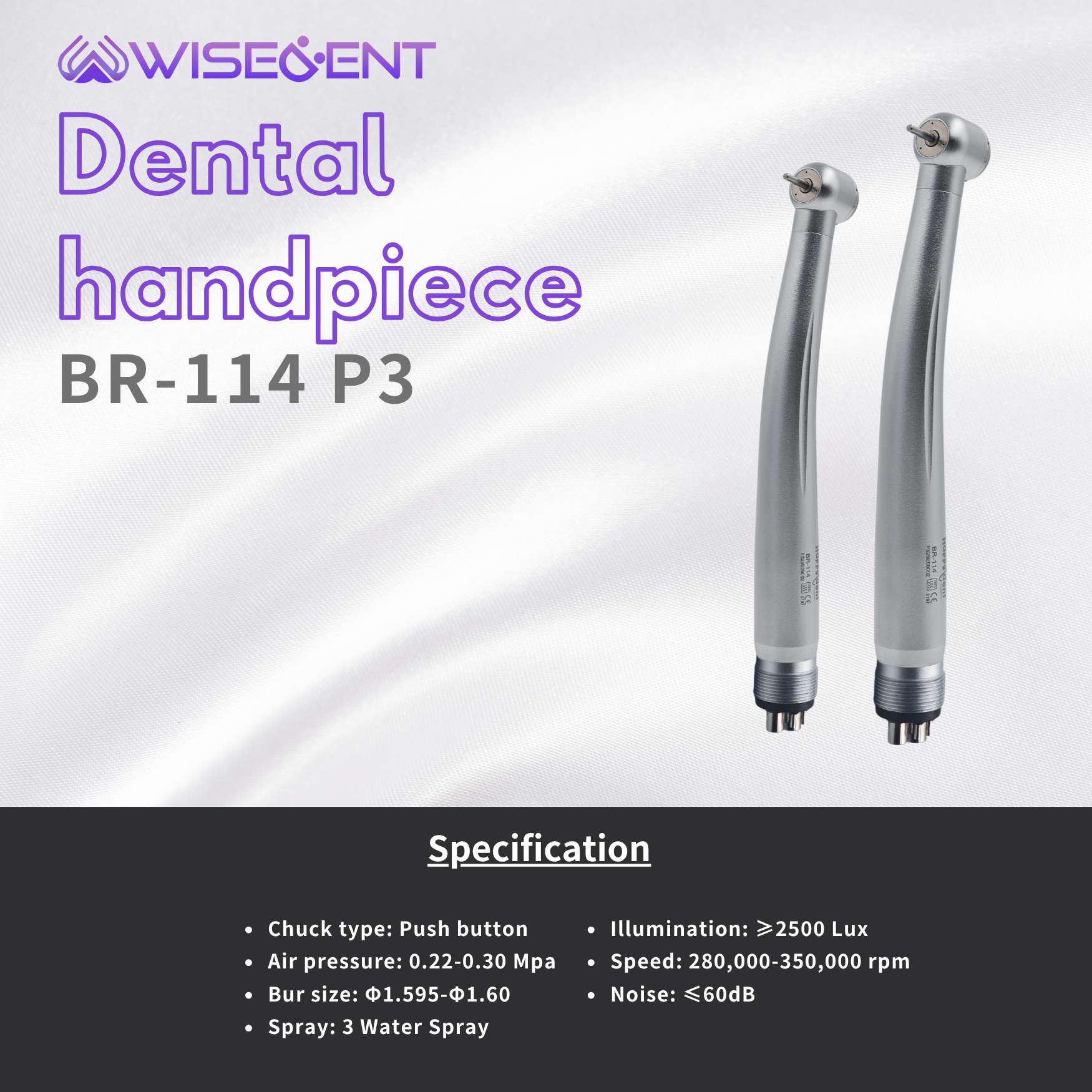 Wisedent - Dental High Speed Handpiece Push Button 3 Water Spray Standard/Torque Head BR-164P3 7